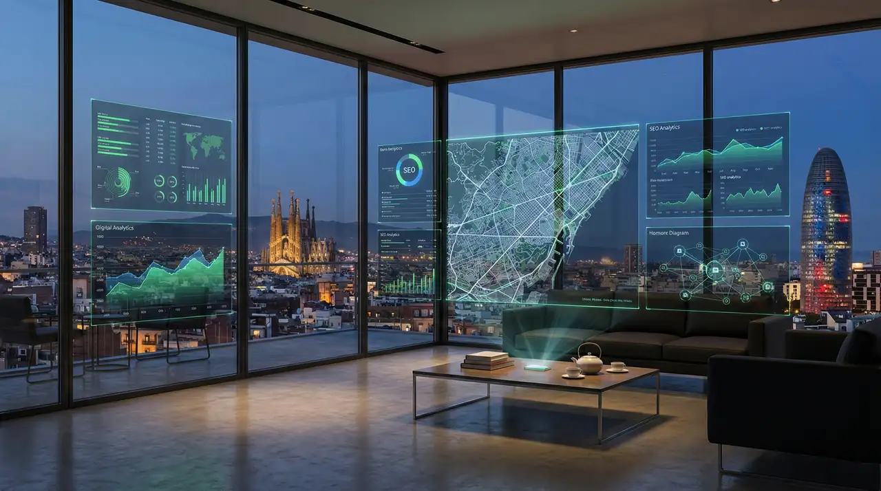 Fondo digital abstracto con el skyline de Barcelona representando una agencia posicionamiento seo y tecnología.