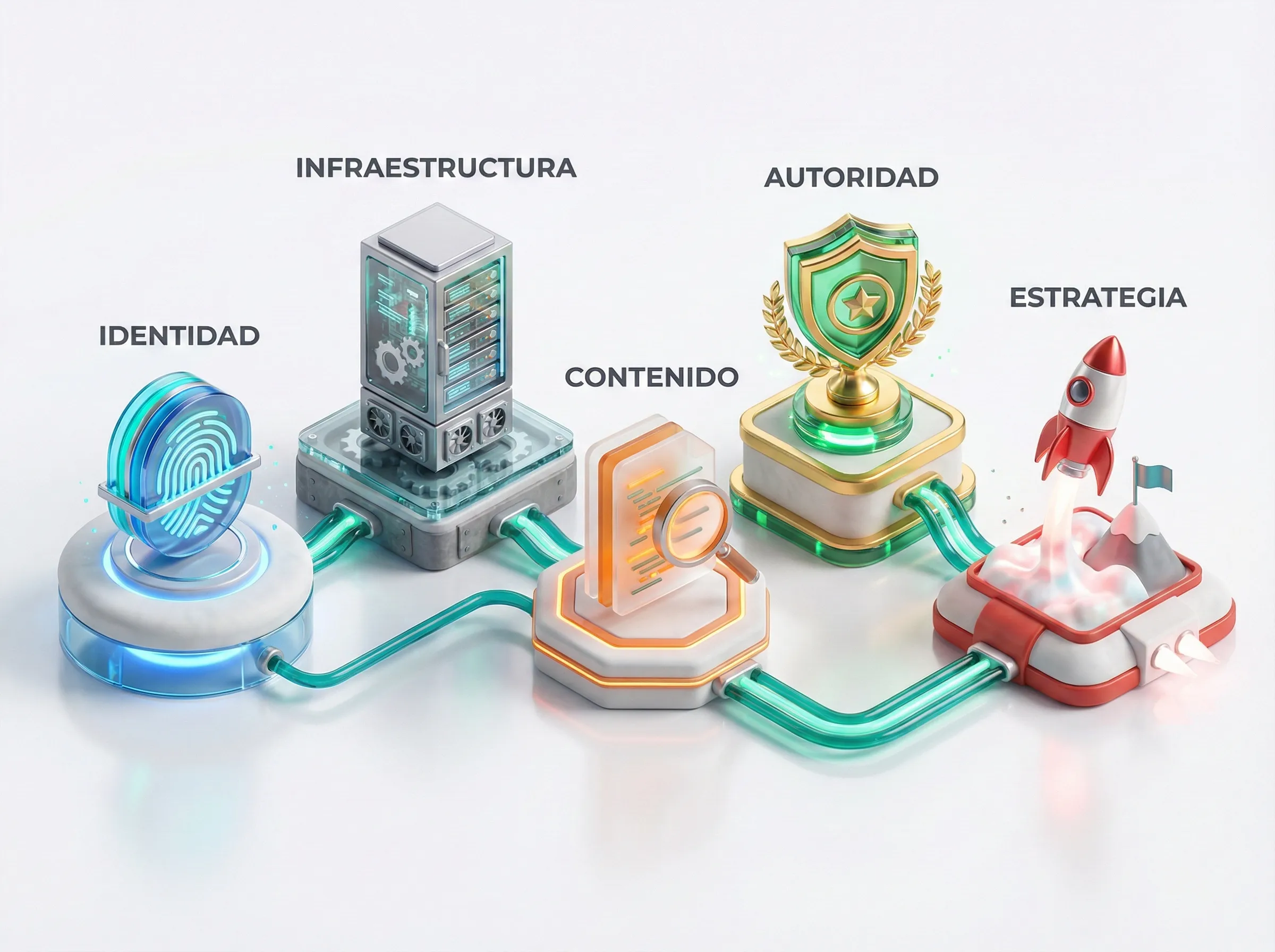 Infografía del proceso de auditoría SEO de TecnoRank: Identidad, Infraestructura, Contenido, Autoridad y Plan de Acción