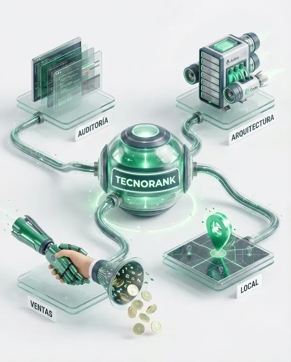 Infografía del proceso de posicionamiento SEO en Barcelona de TecnoRank: Auditoría técnica, arquitectura web Astro, estrategia de autoridad y automatización de ventas con IA.