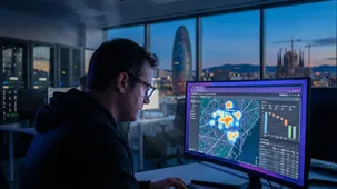Consultor realizando una auditoría SEO técnica en Barcelona con análisis de datos en pantalla y vistas a la Torre Glòries