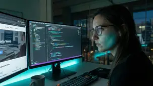 Programador trabajando en un diseño web corporativo a medida en Barcelona, mostrando código y una interfaz web en español en monitores de alta definición