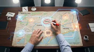Equipo planificando una estrategia de expansión SEO local y posicionamiento por barrios en Barcelona sobre un mapa físico
