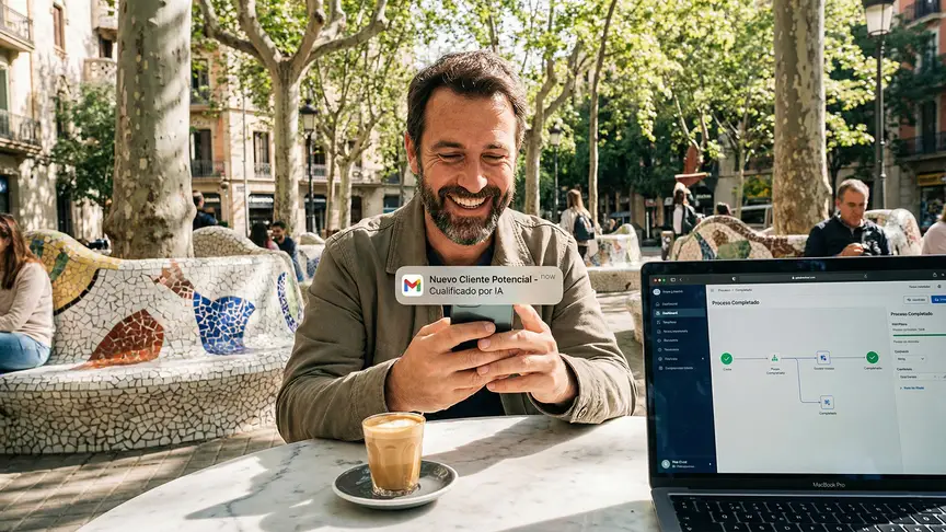 Dueño de negocio en Barcelona recibiendo una notificación de automatización de leads y captación de clientes cualificados por IA en su móvil