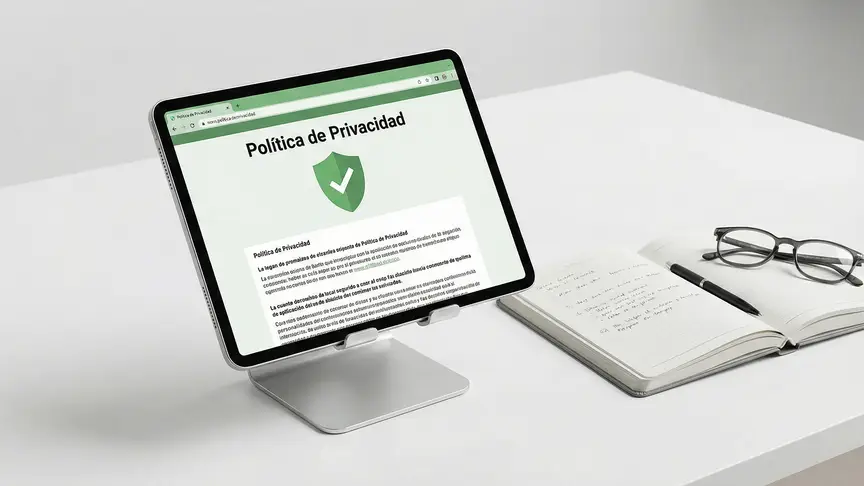 Tablet mostrando la página de Política de Privacidad y cumplimiento RGPD web con un icono de seguridad verde