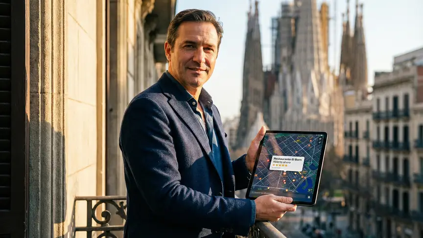 Consultor experto en SEO Local Barcelona revisando el posicionamiento en Google Maps de un negocio local en una tablet con la Sagrada Familia de fondo